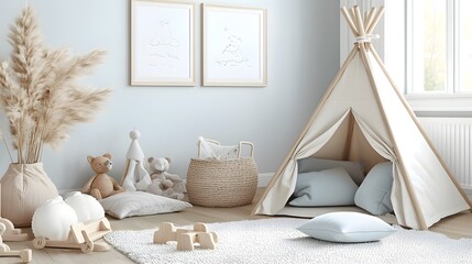 Bright and airy toddler s room designed with simplicity featuring a charming teepee tent fluffy pillows and natural wooden toy accents for a calming and cozy atmosphere