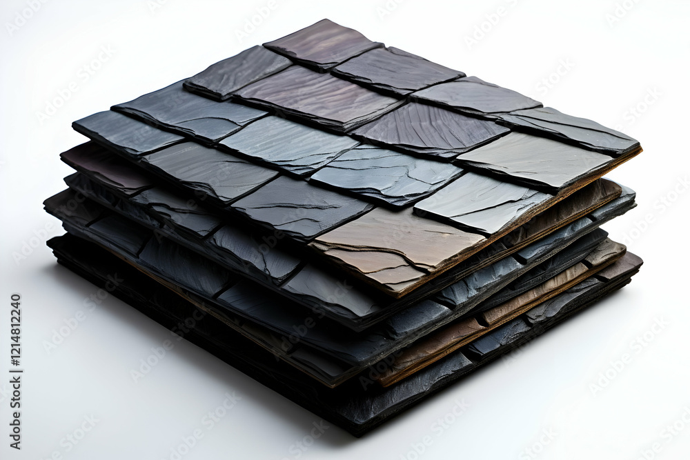 Poster Stack of Varied Slate Tiles Displays Texture and Color on White Background.