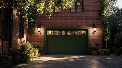 Fototapeta premium Evening garage scene suburban home photo