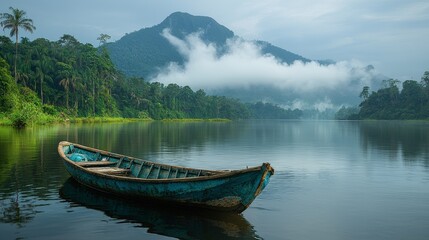 Serene Lake Scene with Weathered Canoe and Misty Mountain Backdrop in a Lush Tropical Setting