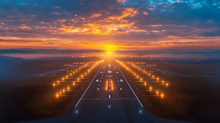 Obraz premium Breathtaking View of an Airport Runway Glowing Under Warm Sunrise Hues With a Peaceful Sky Blending Soft Blues and Golden Yellows