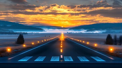 Obraz premium Airport Runway Glowing Under Warm Sunrise or Sunset Hues Overlooking a Peaceful Skyscape Blending Soft Blues and Golden Yellows