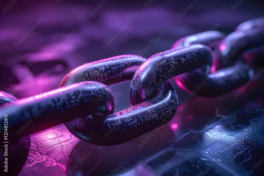 Poster 3d render of metallic chain links interlocked with intricate circuitry patterns in purple and blue l