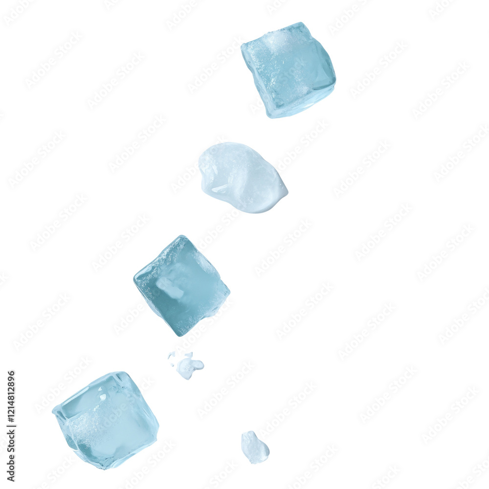Poster The image showcases three ice cubes and melting ice against a clean white background, creating a cool and refreshing visual.