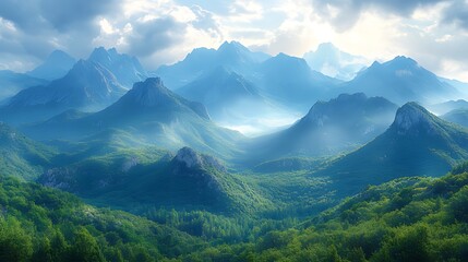 Fototapeta premium Majestic sunrise mountain range, valley mist, scenic view, nature poster