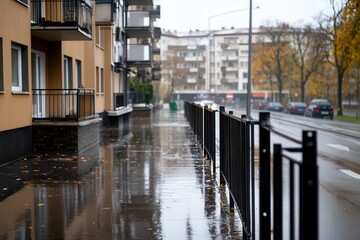 Raindrops create mirror-like reflections on a calm urban street, capturing the tranquil atmosphere and inviting viewers to appreciate the beauty of quiet moments in the city.