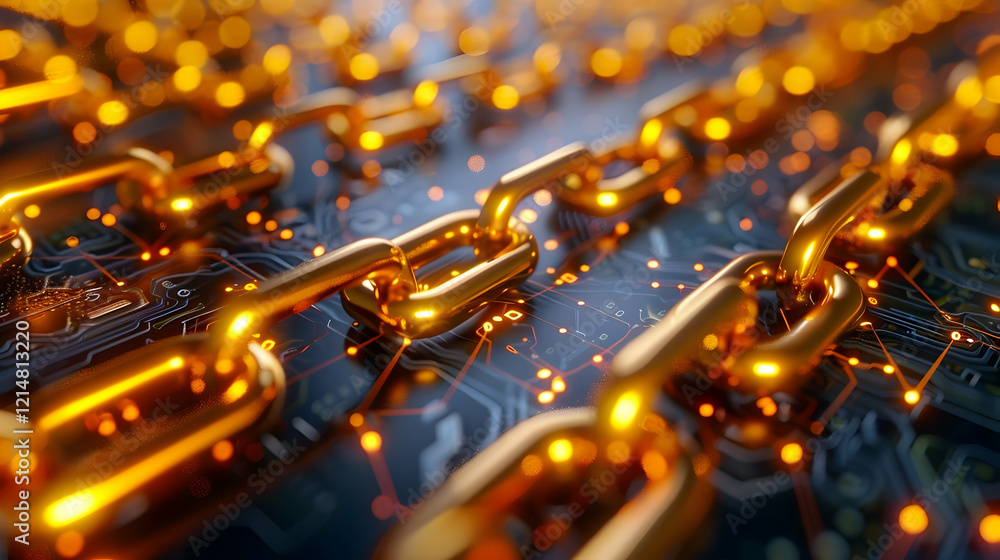 Poster golden chains intertwined with a circuit board symbolizing security and technology.