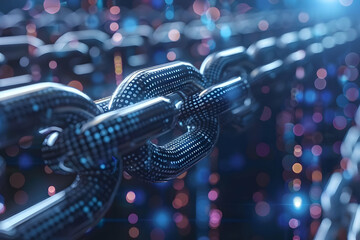 Digital Chain Links Interconnected with Binary Code Data Representing Secure Network Technology.