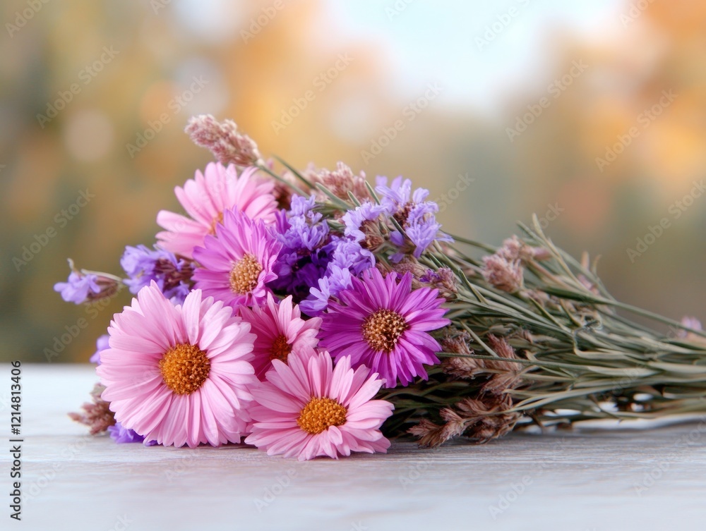 Poster capture the essence of rustic charm with this image featuring a small bouquet of wildflowers placed 