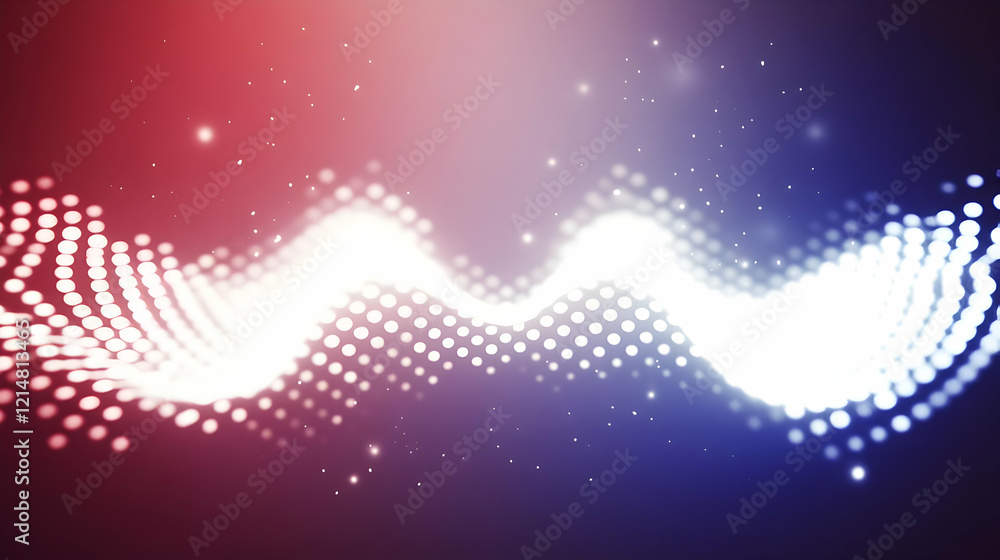 Poster abstract wave of dots flows smoothly across a red and blue gradient background