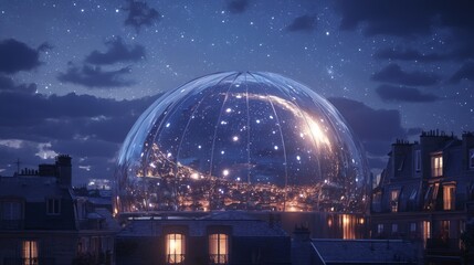 Naklejka premium Illuminated Planetarium Dome Amid Urban Skyline with Cosmic Projections - Ultra-Detailed Cinematic Image