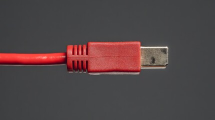 Close-up of a red HDMI cable connector against a gray background.