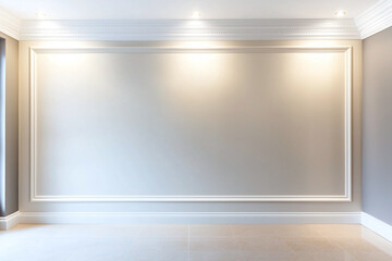 spacious interior wall featuring classic moldings and soft lighting, perfect for showcasing art or decor. elegant design creates serene atmosphere