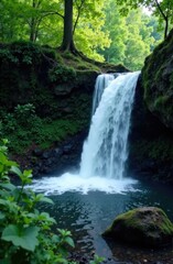 Fototapeta premium A peaceful corner of nature with a waterfall, free space for text on the side