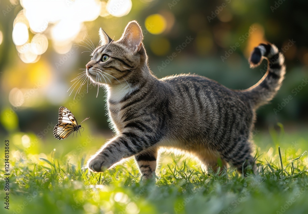 Poster playful tabby cat chasing a colorful butterfly in a lush green garden under soft golden light with a