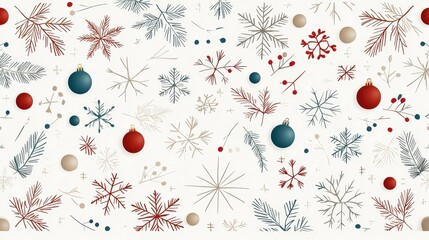 A festive winter pattern featuring snowflakes, ornaments, and botanical designs in red, blue, and green tones, perfect for seasonal decorations.