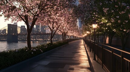 Obraz premium Tranquil Riverside Stroll with Illuminated Trees and Urban Skyline View - Ultra-Detailed Cityscape Glow