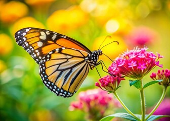 Yellow Monarch Butterfly on Pink Flower in Garden - High-Resolution Stock Photo