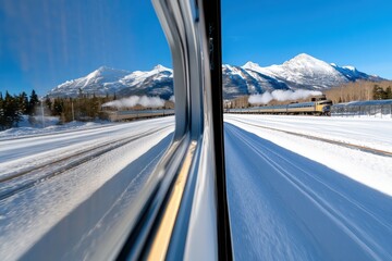 A mesmerizing snowy scene featuring a train accompanied by majestic mountains, with reflections enhancing the beauty of a tranquil winter day.