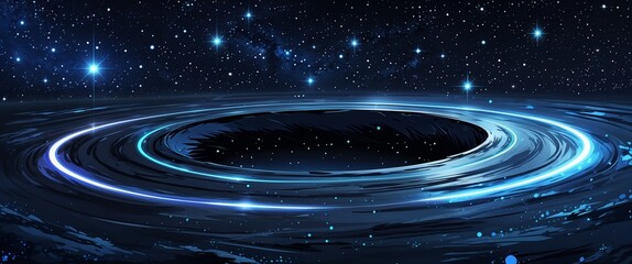 Dark black hole surrounded by bright white and cyan rings of light distant stars illustration background design