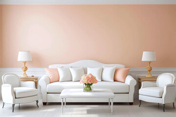 minimalist French room featuring light peach walls, white sofa with decorative pillows, and elegant lamps. space exudes calm and inviting atmosphere