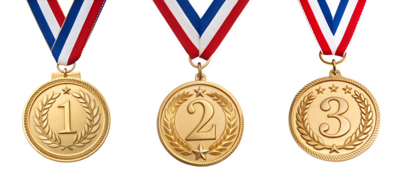 Gold Medal for first three prize winner. 1st, 2nd and third positions .isolated on transparent background with a clipping path