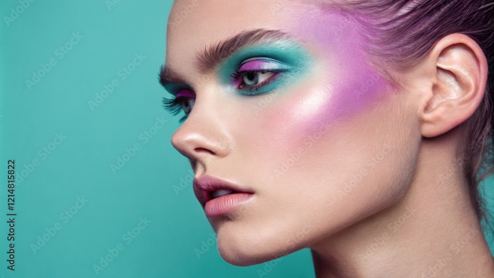 Poster a captivating image where the subjects face displays a gradient from a vivid turquoise on one cheek 