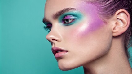 Naklejka premium A captivating image where the subjects face displays a gradient from a vivid turquoise on one cheek to a soft lilac on the other resulting in a smooth eyecatching effect.