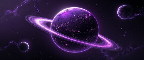 Fototapeta premium Dark purple planet with glowing craters and surrounded by deep black space faint nebula light illustration background design