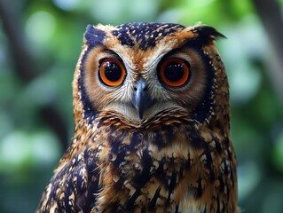 Obraz premium Close-up of a majestic owl with striking orange eyes.