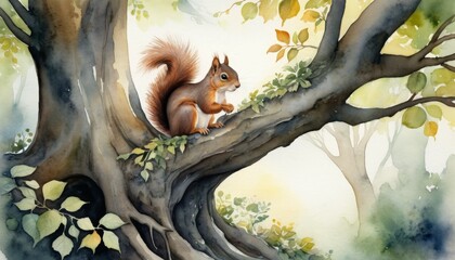 Watercolor illustration captures a squirrel as it gets ready for hibernation amidst a backdrop of vibrant autumn leaves, all set within a peaceful forest landscape