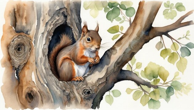 Watercolor depiction shows a squirrel comfortably settled in a hollow tree, surrounded by lush green leaves, preparing for the colder months ahead in a peaceful forest environment