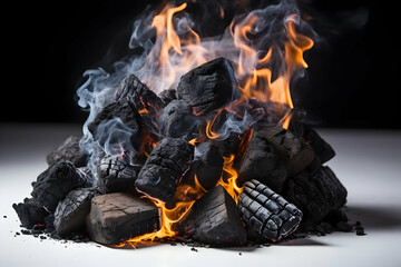 Burning Charcoal Embers Emit Smoke and Flames Beautifully on a White Surface with Dark Background