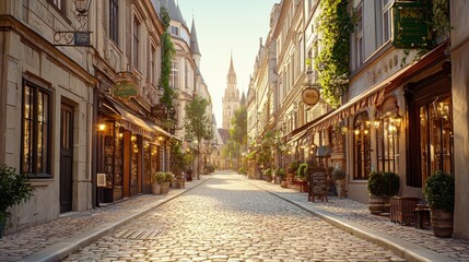 Obraz premium A picturesque cobblestone street illuminated by warm sunlight, lined with charming shops and greenery, evoking a serene and inviting atmosphere.