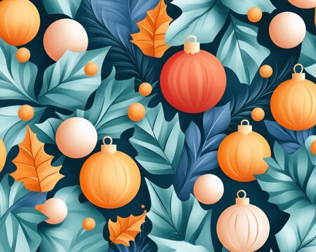 Discover a vibrant collection of holiday cheer with this 'Colorful holiday card, featuring bright, joyful tones and playful seasonal graphics' Explore the delightful patterns, ornaments, and leaves