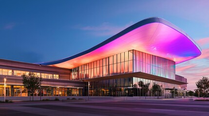 Fototapeta premium Luminescent Modernity: Dynamic Steel Architecture of a Color-Changing LED Lit Performing Arts Center