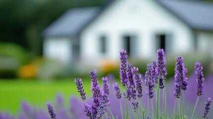 Naklejka premium Bed and breakfast, Lavender blooms in the foreground with a blurred white house and garden in the background, creating a serene countryside atmosphere.