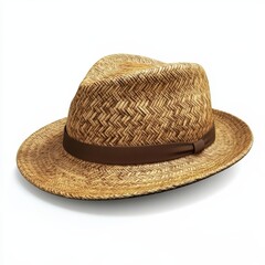 An elegant straw fedora, refined texture and subtle design, luxury style, photorealistic render, isolated on white background