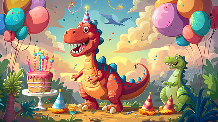 Fototapeta premium Cute Dinosaurs Celebrate with Cake and Balloons at a Jungle Birthday Party