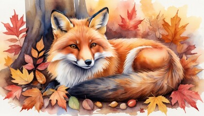 Watercolor illustration capturing a fox peacefully resting among colorful autumn leaves while preparing for winter hibernation in a serene forest setting