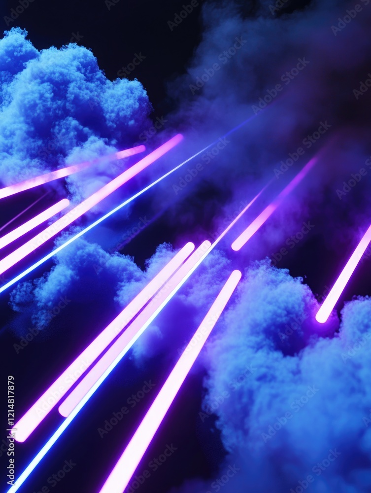 Poster vibrant purple and blue fireworks against dark background with streaking lines, creating dynamic vis