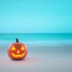 Glowing Jack-o'-lantern Sits on the Beach with the Calm Ocean and Sky Background at Night