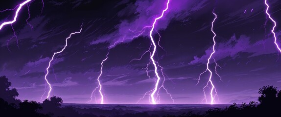 Electric purple bolts lighting up a stormy black sky subtle haze illustration background design