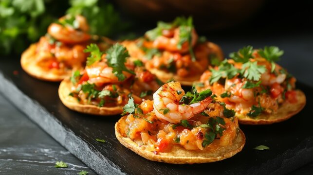 Tostadas de camaron Mexicanas, shrimps mexican food in mexico, sea foods