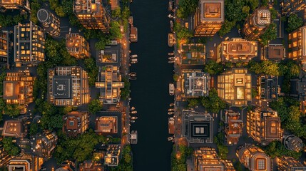 Fototapeta premium A stunning aerial view of a vibrant city illuminated at night, showcasing intricate buildings, lush greenery, and serene waterways.