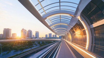 Fototapeta premium Futuristic Elevated Station Platform in Urban Cityscape with Linear LED Strips - Cinematic Ultra-Detailed Shot