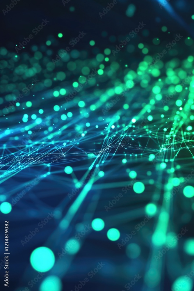 Poster digital network of glowing green nodes and dots forming abstract technology theme.