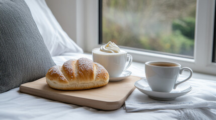 Bed and breakfast, Cozy breakfast scene with a croissant, coffee, and whipped cream set on a wooden tray beside a window.