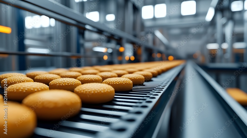 Poster modern automated bakery factory producing artisanal bread on assembly line