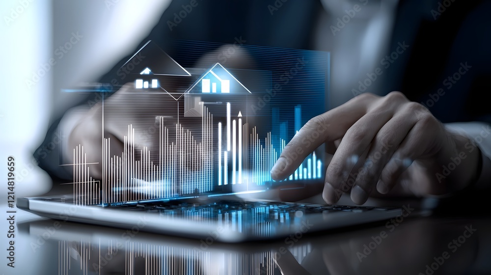 Aufkleber businessman utilizing advanced digital real estate investment platform with analytical ui to identif